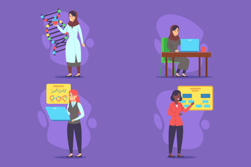 Collection of women engaged in diverse fields of science and technology. One analyzing data, while others working with DNA models, charts, and presentations