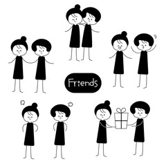 シンプルな棒人間女子の友達との感情表現イラストセット