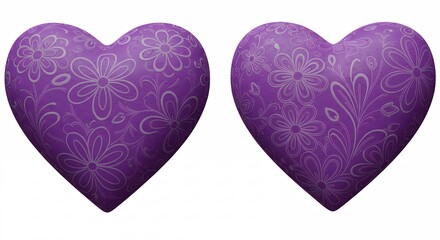 Two purple heart shapes with floral patterns for design and visual communication