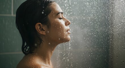 Person showering under a steamy showerhead, with wet hair and water droplets visible on the glass — an intimate and refreshing scene ideal for themes of self-care, hygiene, and relaxation.