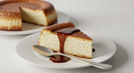 Slice of flan being served with a spoon beside it, showcasing its creamy texture and thick caramel sauce, set against a light background with a minimalist composition.