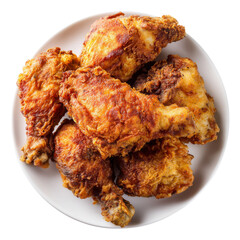 Crispy fried chicken pieces served on white plate, showcasing golden brown texture and delicious appearance. Perfect for hearty meal or gathering