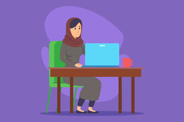 Woman wearing hijab sitting at chair, focused on her laptop on table. Cup resting beside her, set against purple background
