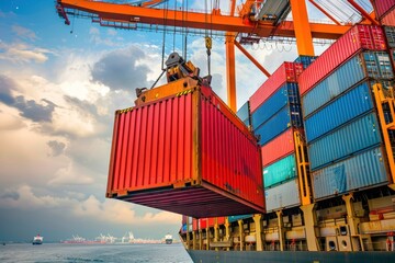 large cargo ship at sea, loaded with colorful containers. A large red shipping container is hanging from a crane