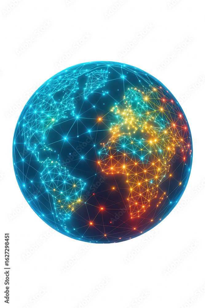 Poster global network connections: digital earth with vibrant interconnected lines and glowing nodes repres