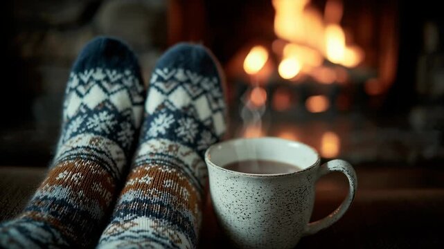 Close-up of person in cozy socks resting by the fireplace with steaming mug of hot drink cocoa  