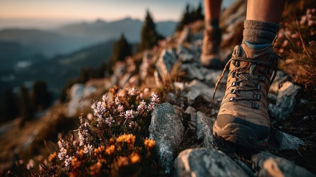 Hiking boots on rocky mountain path at sunrise.  Close-up view of hiker's foot and boot on a trail with wildflowers and mountains in background - Powered by Adobe