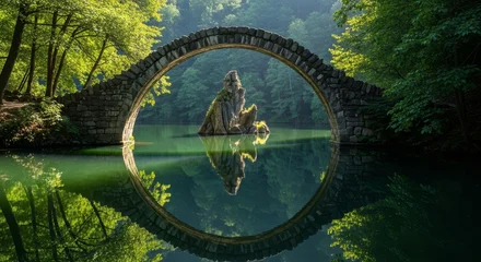 Fototapete Rakotzbrücke Enchanting stone arch bridge perfectly reflected in serene green water creating a magical circular portal surrounded by lush forest  © Sayam