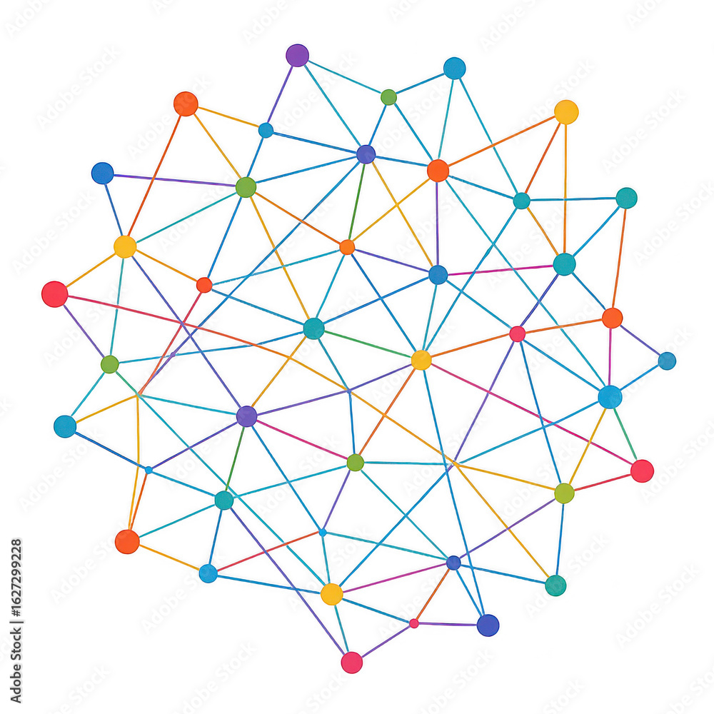Poster abstract colorful network of interconnected nodes and lines forming a complex geometric pattern