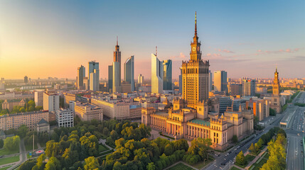 Obraz premium Warsaw, Poland. Palace of Culture and Science, downtown. Aerial view Palace of Culture and Science and downtown business skyscrapers, city center