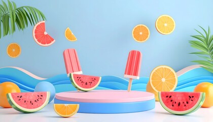 Vibrant 3D summer scene with a product display podium, popsicles, watermelon, and orange slices against a blue wave background.