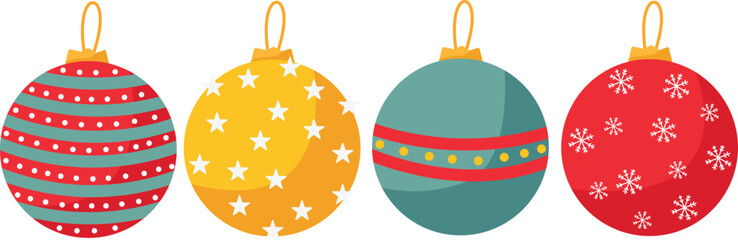 Set of colorful Christmas ornaments in red, green, and gold with festive patterns, isolated on white background, symbolizing holiday decoration