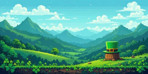  Retro St. Patrick s 8 bit Green Landscape with Leprechaun Hat Pixel and Shamrock Sprites for Gaming Nostalgia