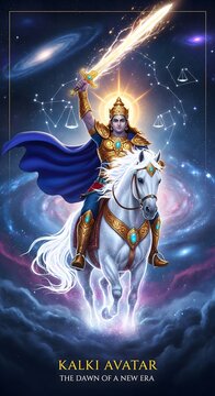Powerful kalki avatar riding a white horse with a glowing sword in a cosmic setting