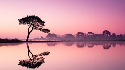 Silhouetted pine tree reflected in tranquil pink sunrise lake