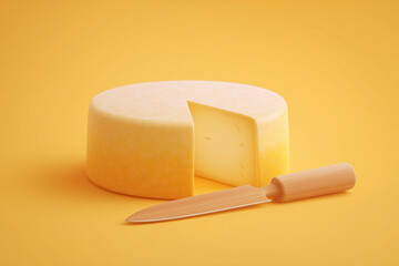 Fototapeta premium A wheel of cheese with a cut piece and a wooden knife