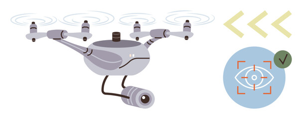 Flying surveillance drone equipped with camera and motion tracking system, highlighting futuristic tech. Ideal for security, monitoring, innovation, technology, robotics, aviation automation. Simple
