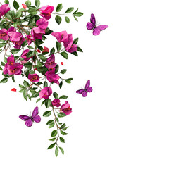 A decorative floral arrangement.  Pink flowers with green leaves cascade into a corner