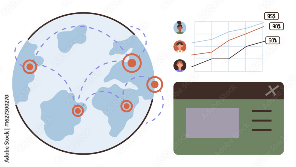 Poster globe with mapped connections, analytics chart, user avatars, and interface window. ideal for techno