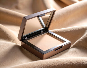 A glossy brown cosmetic compact with dual-tone face powder, showcasing bronzer and illuminator shades on a dark chocolate-toned suede background.