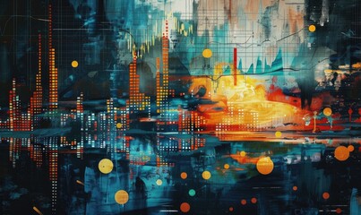 Obraz premium oil painting, A cityscape panorama painting, Business concept, the business center, vector 3d, Artistic painting of skyscrapers, Abstract style.