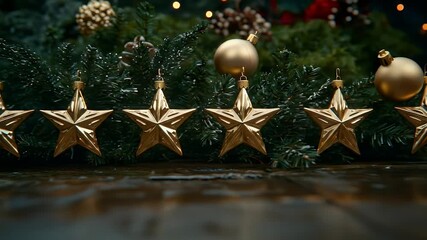 Golden star ornaments hanging on holiday greenery, close-up shot - Powered by Adobe