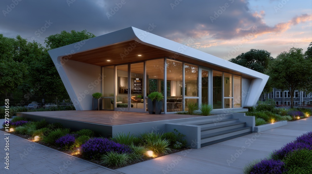Poster accessory dwelling unit concept. modern architectural building with large windows and stylish design