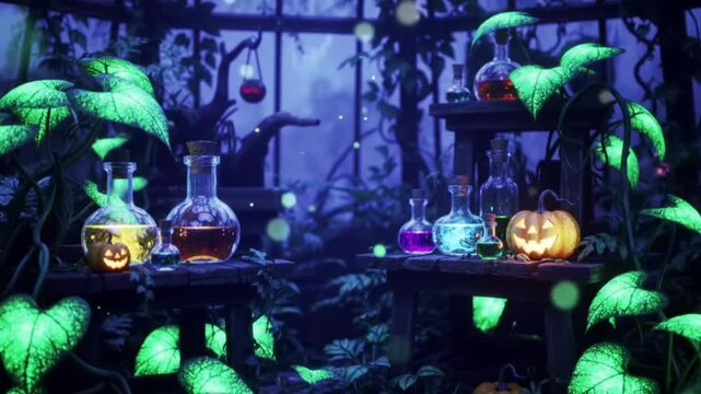 Fantasy alchemy lab with glowing potion bottles