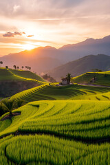 Obraz premium Sun setting over vibrant green terraced rice fields and distant mountains.