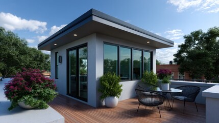 Accessory dwelling unit concept. Modern rooftop terrace with plants and seating, set against a blue sky.