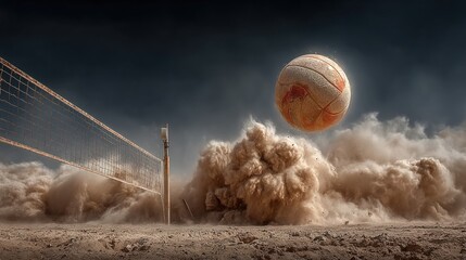 A volleyball erupts in a sandstorm, with a volleyball net in the foreground