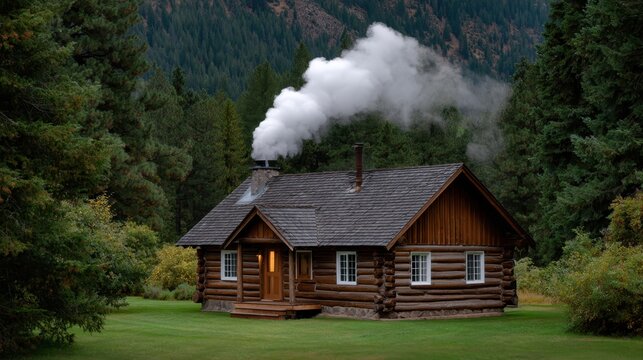 Accessory dwelling unit concept. Cozy log cabin surrounded by lush greenery and smoke rising from the chimney.