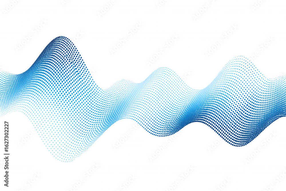 Poster abstract waveform of blue dots creating a dynamic gradient flow with a modern, energetic visual appe