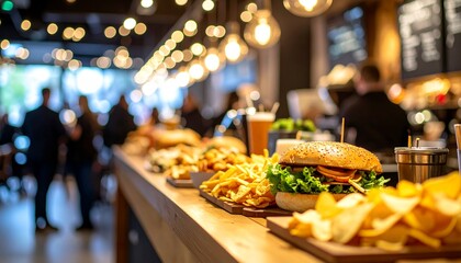Appetizing Cafe Meal with Sandwich and Chips Displayed on a Neat Desk for Copy Space Use
