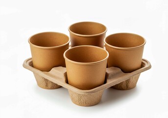 coffee cups and saucers, Four kraft paper cups held in cardboard carrier, perfect for takeaway delivery orders. Portable container designed for hot beverages like coffee, offering convenience for cafe