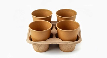 clay pots on a wooden table, Four kraft paper cups held in cardboard carrier, perfect for takeaway delivery orders. Portable container designed for hot beverages like coffee, offering convenience for 