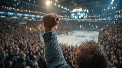 A cheering spectator's raised fist amidst a packed ice hockey arena
