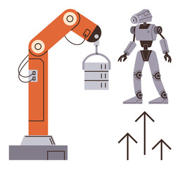 Robotic arm lifting server unit next to humanoid robot and arrows representing growth. Ideal for innovation, automation, AI, robotics, industry, technology, futuristic concepts, simple flat metaphor