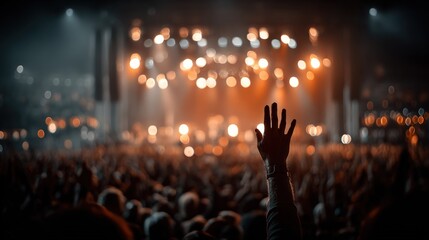 A raised hand at a concert, a sea of people and bright lights