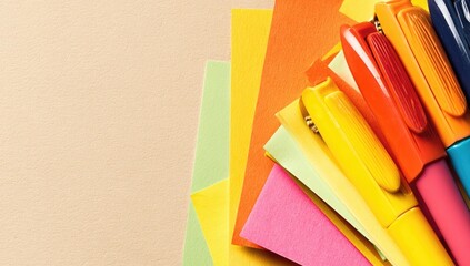 Colorful pens and paper stacks on beige background