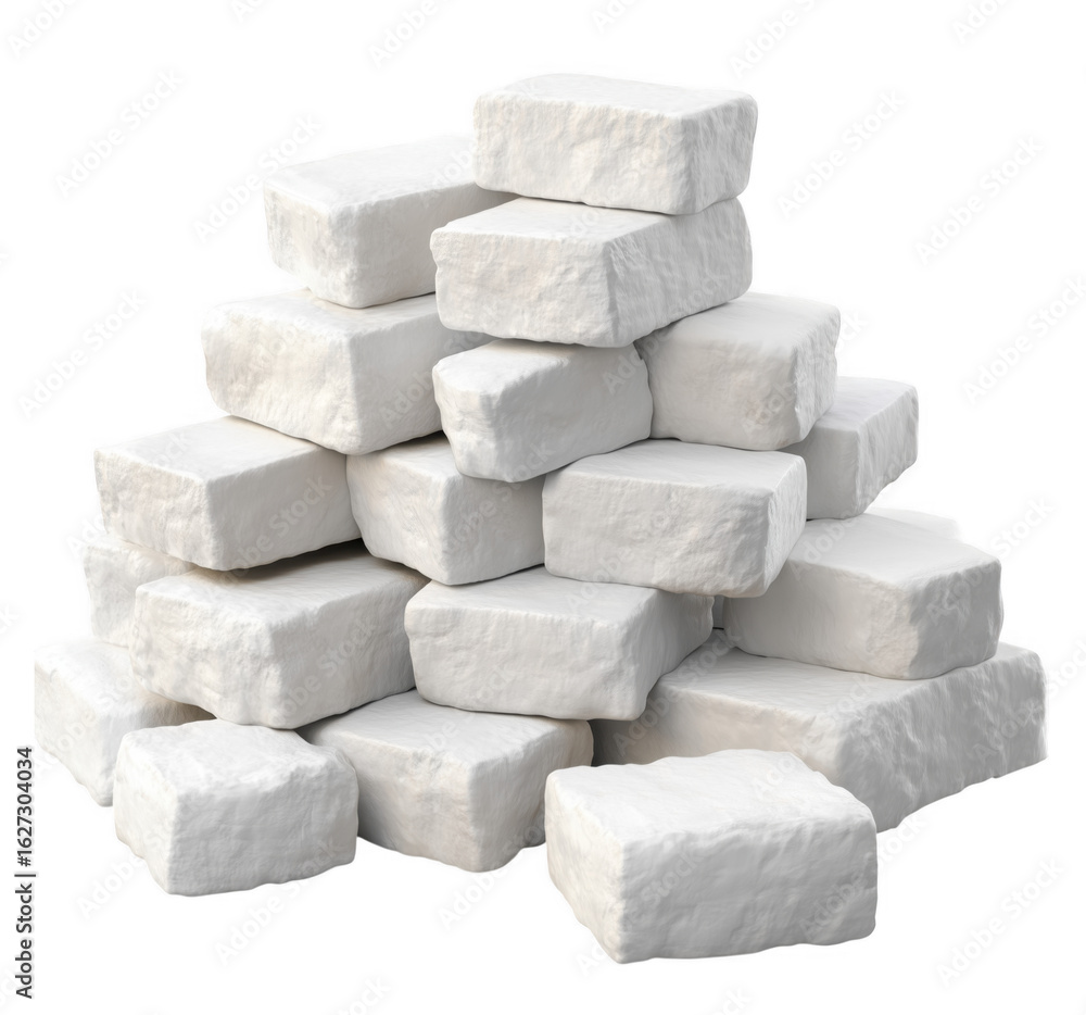 Poster stacked white bricks against a transparent background creating a dramatic architectural structure