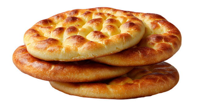 Stack of golden baked flatbreads isolated on transparent background