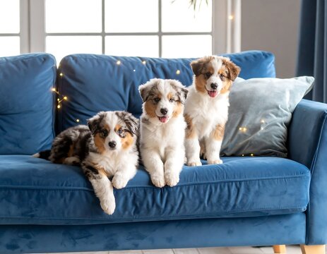 Australian Shepherd Puppies Posing Together on a Luxurious Blue Velvet Couch Indoors