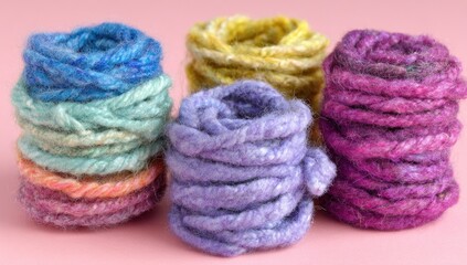 Colorful yarn balls stacked on a pink surface
