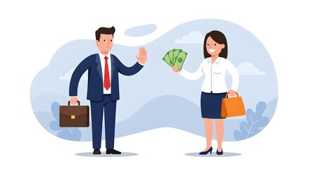 International Anti-Corruption Day Businessman with integrity refusing a bribe. A man in a suit rejects a cash offer, demonstrating business ethics and anti-corruption principles.