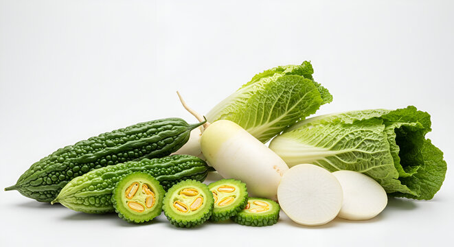 Traditional Asian vegetables like bitter melon, daikon radish, and napa cabbage on white