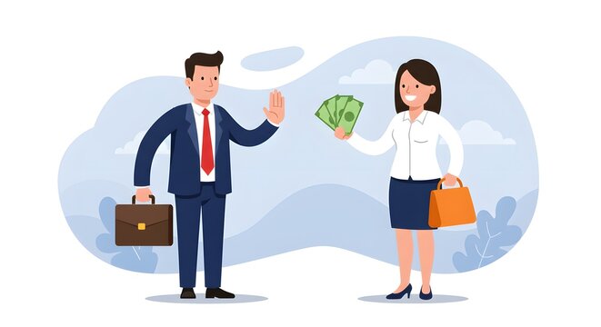 International Anti-Corruption Day Businessman with integrity refusing a bribe. A man in a suit rejects a cash offer, demonstrating business ethics and anti-corruption principles. - Powered by Adobe