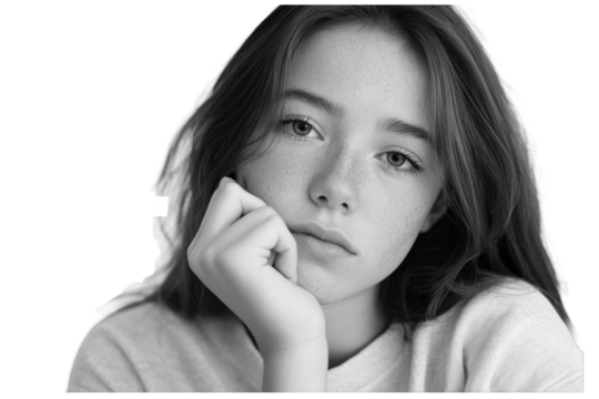 Pensive Teen Girl Portrait in Black and White: Thoughtful Young Woman Looking at Camera with Hand on Chin