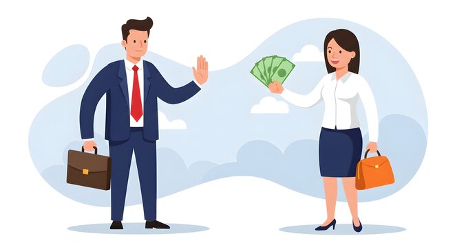 International Anti-Corruption Day Businessman rejecting a cash bribe from a woman. Concept of integrity, anti-corruption, and ethical business dealings shown by a man's stop gesture.