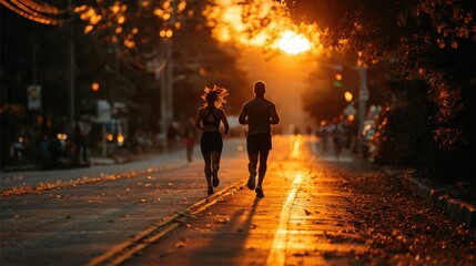 Silhouette of two runners on a city street at sunset.  Golden light bathes the road as people enjoy a run